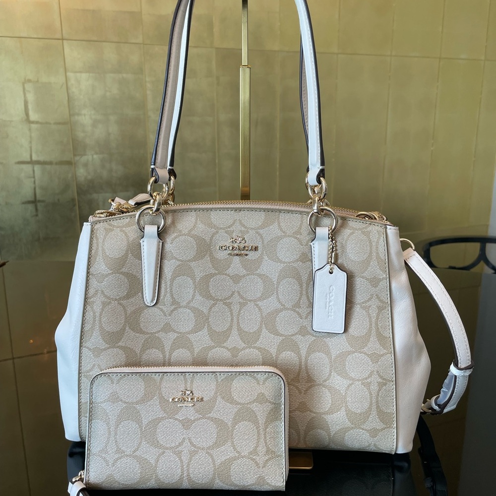 Coach Christie Beige and Cream Shoulder Bag and Wristlet Wallet Set. NWT